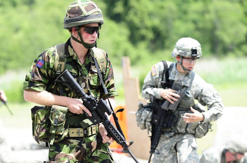 British Prince Harry takes part of in an exercise with U.S. military cadets on a firing range at the United States Military Academy in West Point, NY., on June 25, 2010. On January 2, 2011, Prince Harry was sent home from military service in Afghanistan after a magazine revealed his presence in the war zone. File Photo by Emmanuel Dunand/Pool