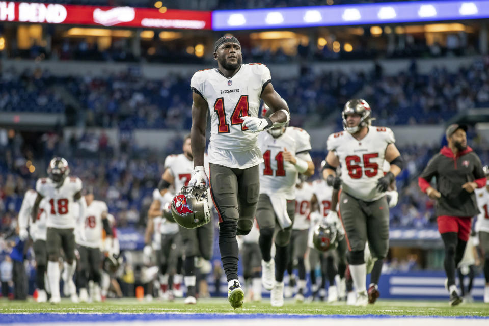 FILE - Tampa Bay Buccaneers wide receiver (14) of the runs off the field after warming up before an NFL football game against the Indianapolis Colts on Nov. 28, 2021, in Indianapolis. (AP Photo/Jeff Lewis)