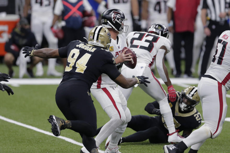 New Orleans Saints defensive end Cameron Jordan (94) closes in to sack Atlanta Falcons quarterback Matt Ryan in the first half of an NFL football game in New Orleans, Sunday, Nov. 22, 2020. (AP Photo/Brett Duke)