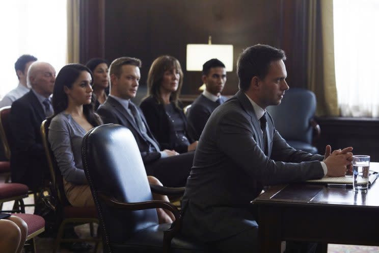 Meghan Markle as Rachel Zane, Patrick J. Adams as Michael Ross (Credit: Shane Mahood/USA Network)