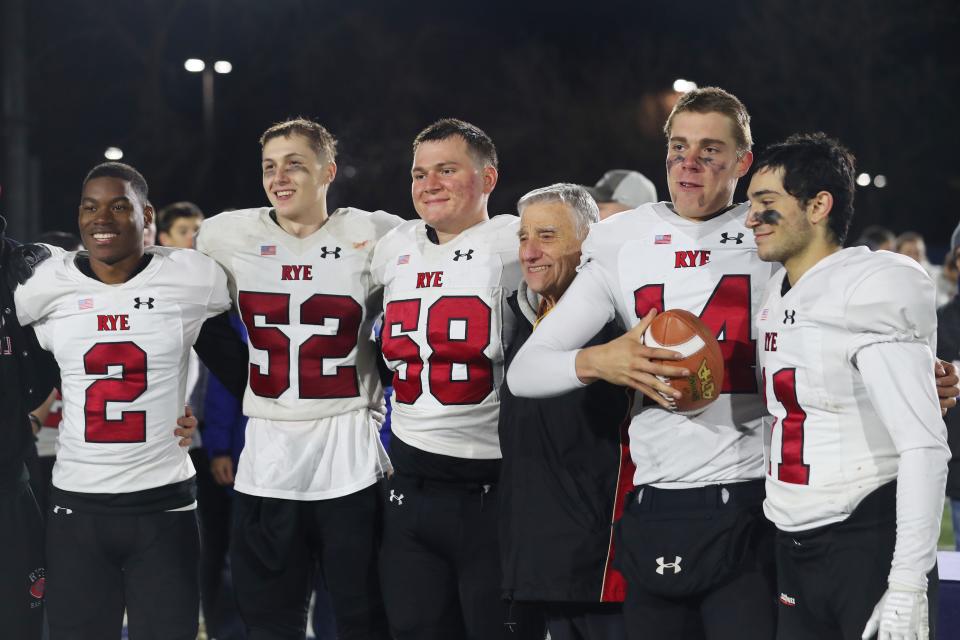 Rye coach Dino Garr will be heading to Syracuse with the Rye Garnets after defeating R-C-S in the Class B state semifinal playoff game at Middletown High School Nov. 25, 2023.