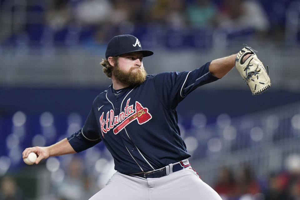 Atlanta Braves' Bryce Elder delivers a pitch during the first inning of a baseball game against the Miami Marlins, Monday, Oct. 3, 2022, in Miami. (AP Photo/Wilfredo Lee)