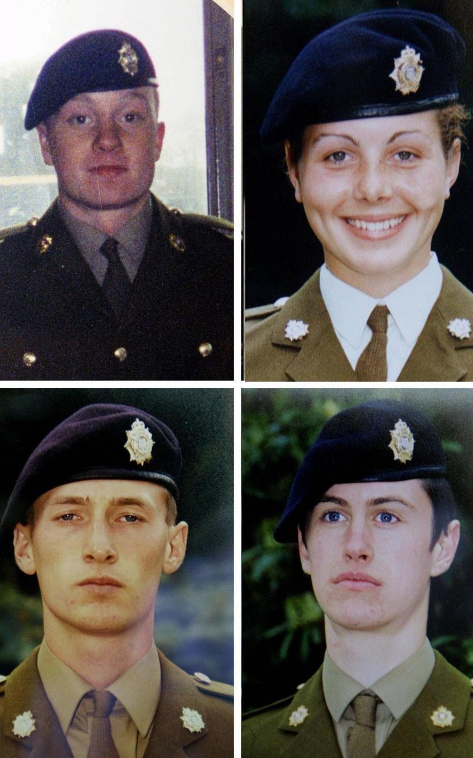 Composite of undated handout photos showing (clockwise from left to right) Private James Collinson, 17, from Perth, Private Cheryl James, 18, from Llangollen, North Wales, Private Sean Benton from Hastings, East Sussex and Private Geoff Gray, 17, from Hackney, east London, who all died at Deepcut army barracks in Surrey, as a two-decade fight for justice will finally come to an end for Cheryl's family on Friday when a coroner delivers the long-awaited ruling into how she died at Deepcut Army barracks. PRESS ASSOCIATION Photo. Issue date: Friday June 3, 2016. Pte James, 18, was found with a bullet wound to her head on November 27 1995 while she was undergoing initial training at the Surrey base. See PA story INQUEST Deepcut. Photo credit should read: PA Wire NOTE TO EDITORS: This handout photo may only be used in for editorial reporting purposes for the contemporaneous illustration of events, things or the people in the image or facts mentioned in the caption. Reuse of the picture may require further permission from the copyright holder. - PA