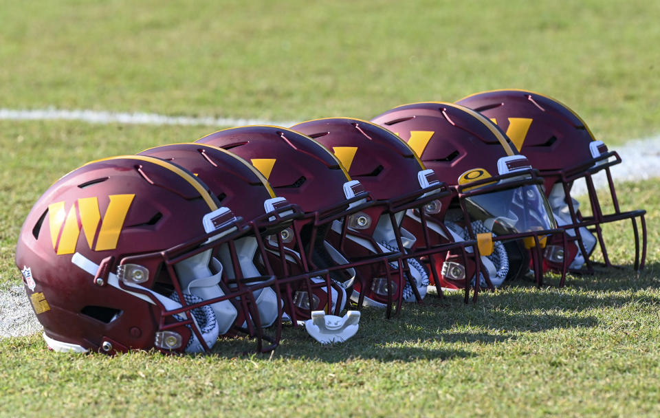 ASHBURN, VA - JUNE 1: The Washington Commanders new logo on the helmets during OTA On-Field Practice.  Photo by Jonathan Newton/The Washington Post via Getty Images)