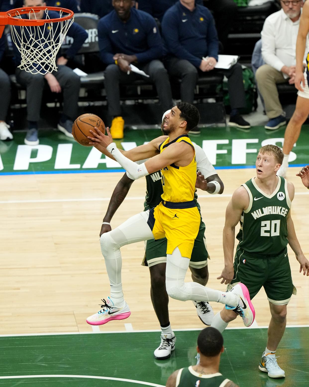 Pacers guard Tyrese Haliburton goes to the basket for two of his 12 points Tuesday night against the Bucks at Fiserv Forum.