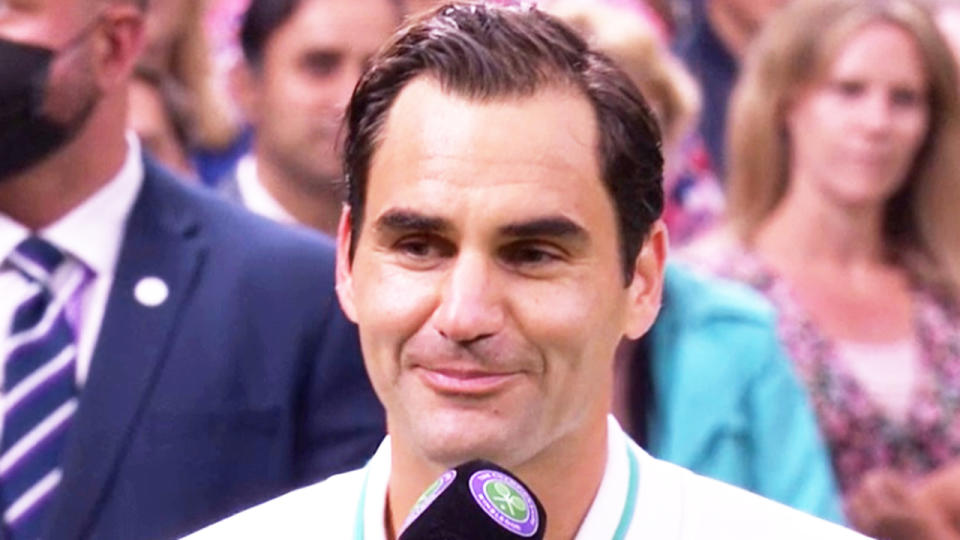Roger Federer (pictured) making a joke during his post-match interview at Wimbledon.