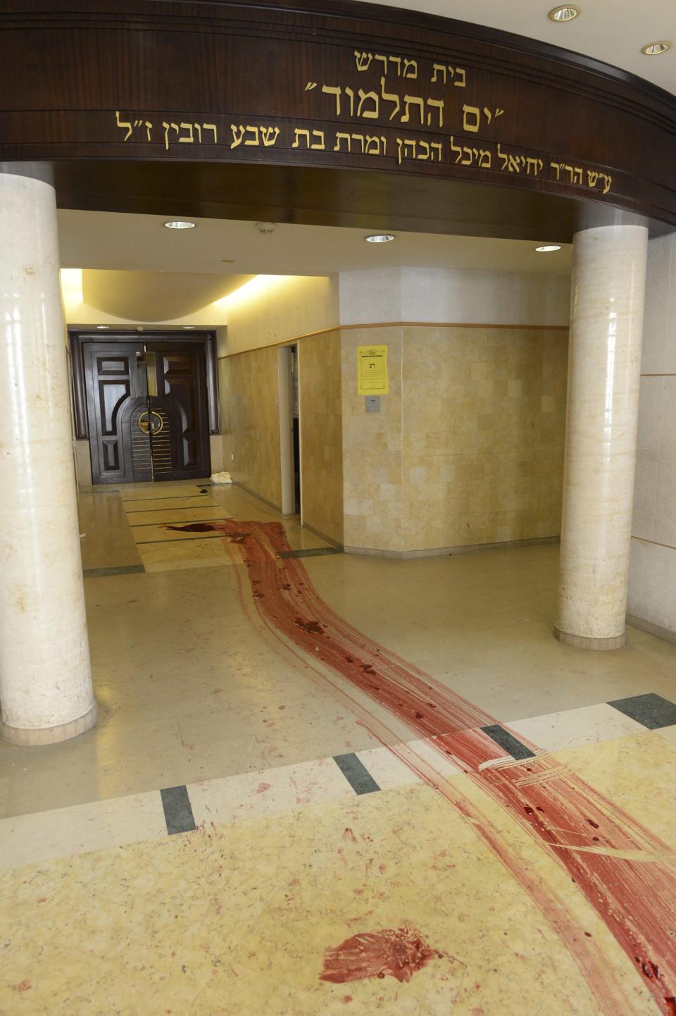 Handout photo of blood trails seen on the floor at the scene of an attack in Jerusalem