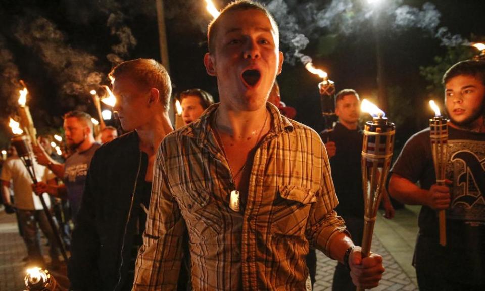 White nationalist groups marched in Charlottesville, Virginia, in 2017, many chanting ‘Jews will not replace us!’ Donald Trump said they included some ‘very fine people’.