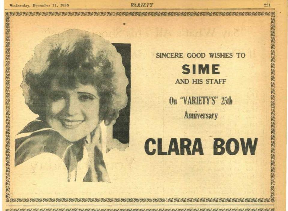 Clara Bow congratulates <em>Variety</em> on its 25th anniversary as part of the commemorative section published in our Dec. 31, 1930, edition.