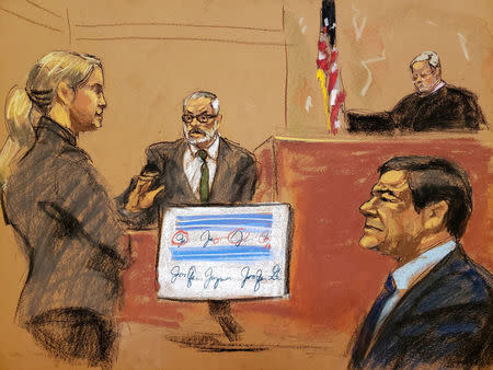 Assistant U.S. Attorney Amanda Liskamm questions Damaso Lopez Nunez on the witness stand in this courtroom sketch during the Brooklyn federal court trial of accused Mexican durg lord Joaquin "El Chapo" in New York City, U.S., January 24, 2019. REUTERS/Jane Rosenberg