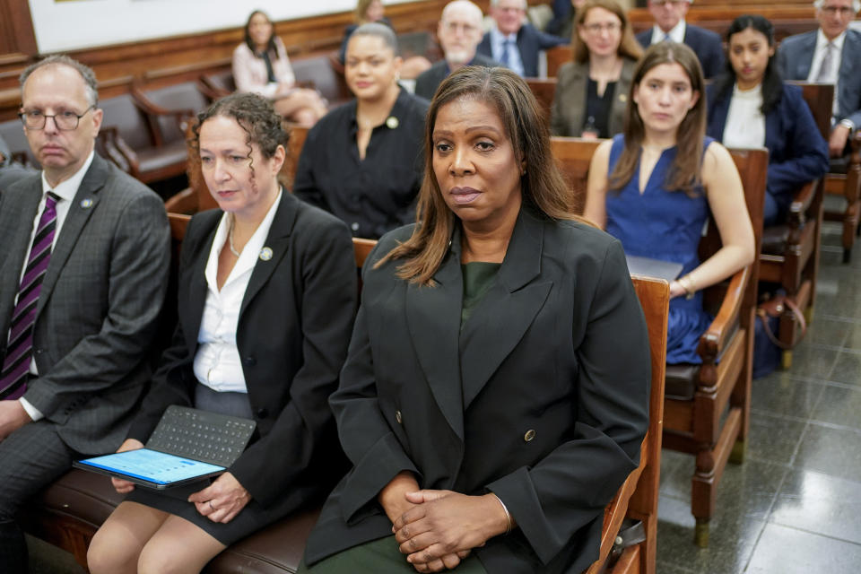 New York Attorney General Letitia James sits in the courtroom for the continuation of the civil business fraud trial against the Trump Organization at New York Supreme Court, Tuesday, Oct. 3, 2023, in New York. Former President Donald Trump is in a New York court for the second day of his civil business fraud trial. A day after fiery opening statements, lawyers in the case are moving Tuesday to the plodding task of going through years' worth of Trump's financial documents. (AP Photo/Seth Wenig)