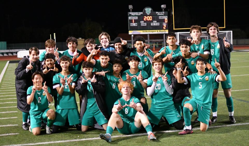 The Thousand Oaks High boys soccer team poses for a photo after beating visiting Agoura 1-0 to clinch the Marmonte League championship on Tuesday, Jan. 30, 2024.