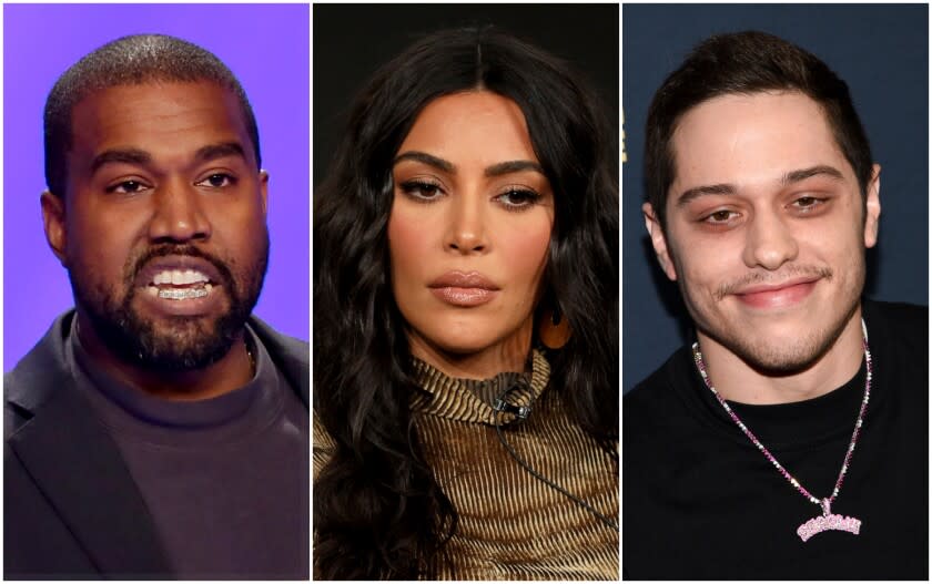 Triptych of Kanye West, Kim Kardashian, and Pete Davidson.