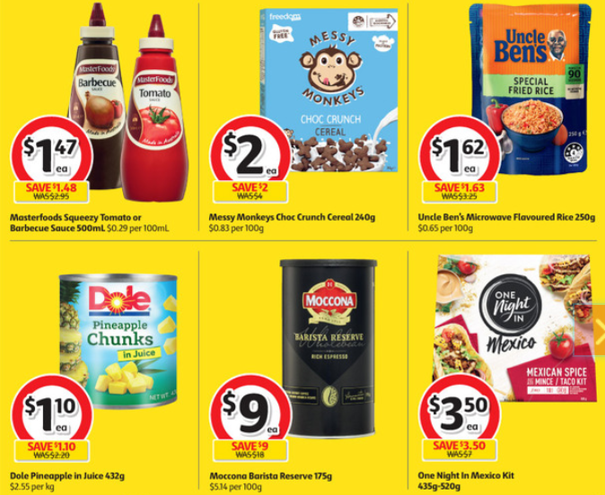 Sauce, cereal, rice, pineapple, coffee and Mexican meal kit on sale for half-price at Coles.