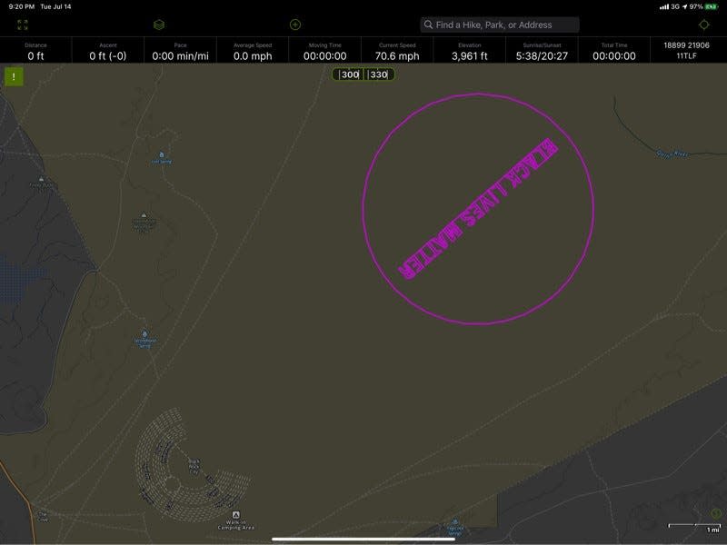 Satellite imagery shows the location of a "Black Lives Matter" message that was etched into the surface of the Black Rock Desert playa in July 2020 using tire tracks.