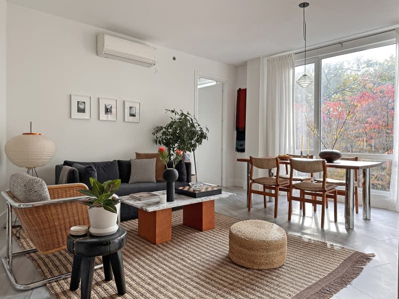 A living room and dining room area on a carpet with woven chairs.