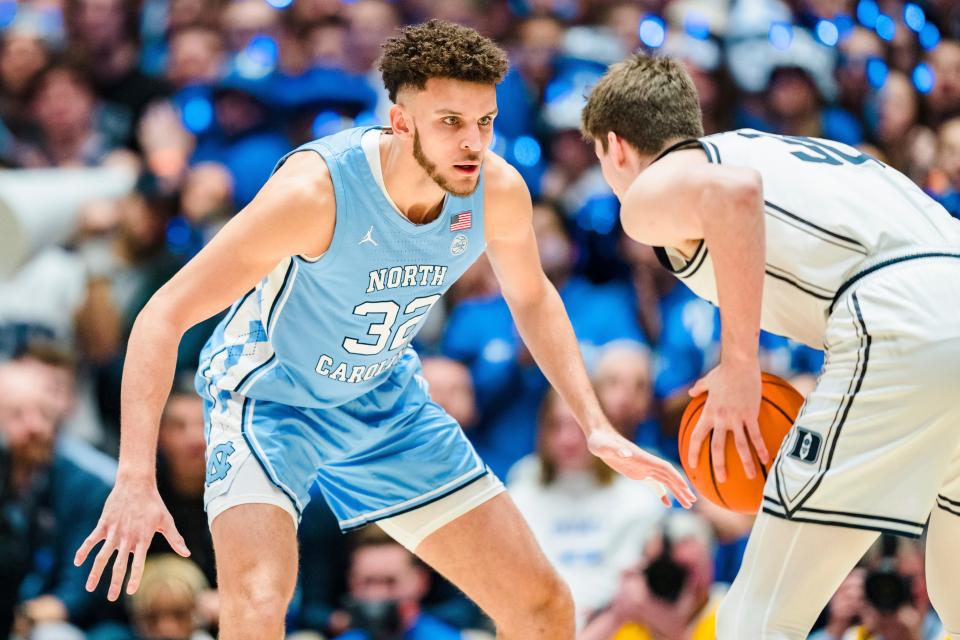 North Carolina forward Pete Nance guards Duke center Kyle Filipowski, Saturday, Feb. 4, 2023, in Durham, N.C.