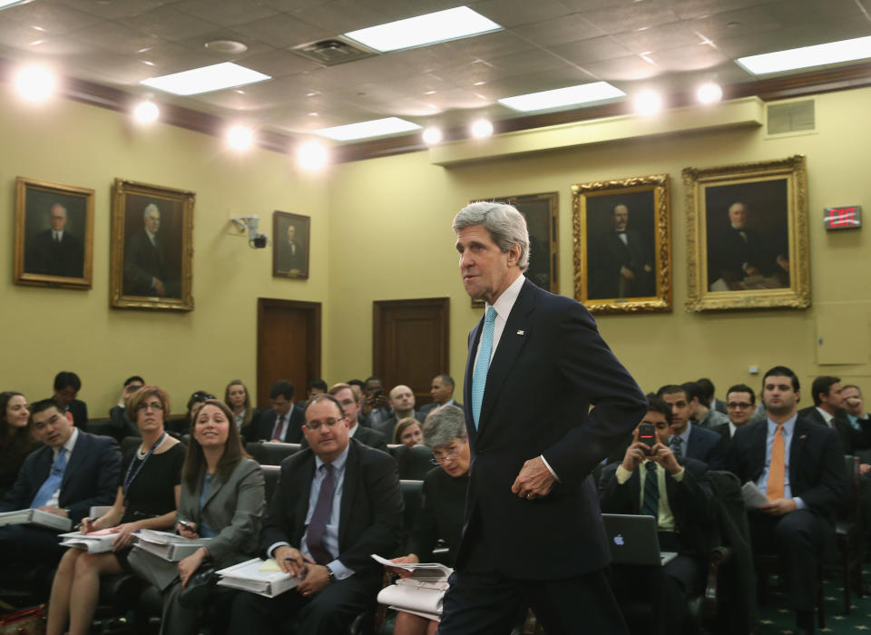 WASHINGTON, DC - MARCH 12:  Secretary of State John Kerry arrives  at a House Appropriations Committee hearing on Capitol Hill, March 12, 2014 in Washington, DC. The committee was hearing testimony from Secretary Kerry on President Obama's FY 2015 State Department Budget request.  (Photo by Mark Wilson/Getty Images)