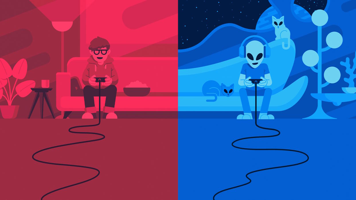  Steam Remote Play Together Fest 2024 header art - a human and an alien playing videogames together. 