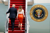 <p>President Donald Trump, with first lady Melania Trump, board Air Force One at Andrews Air Force Base, Md., Friday, May 19, 2017, prior to his departure on his first overseas trip. (Photo: Alex Brandon/AP) </p>