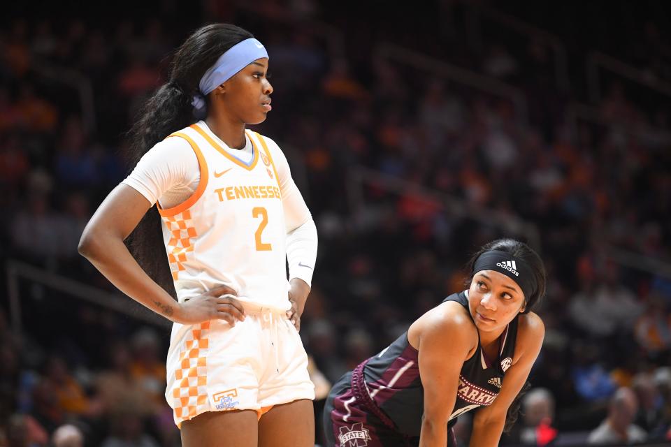 Tennessee forward Rickea Jackson (2) and Mississippi State guard Anastasia Hayes (0) are seen on the court during a game between the Tennessee Lady Vols and the Mississippi State Bulldogs, in Thompson-Boling Arena, in Knoxville, Tenn., Thursday, Jan. 5, 2023.