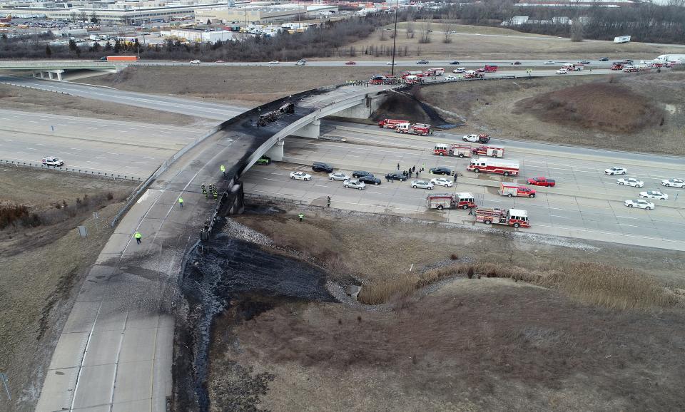 The ramp from I-465 southbound to I-70 eastbound in Indianapolis was heavily damaged Feb. 20, 2020, after a tanker truck carrying about 4,000 gallons of jet fuel overturned and exploded.