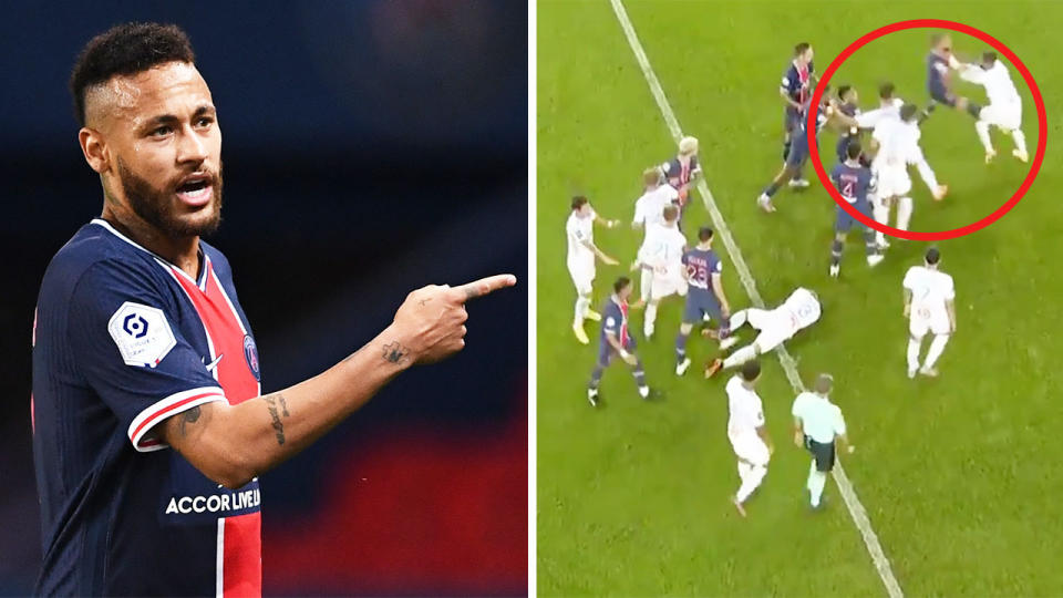 Neymar (pictured left) pointing and talking to an official and a wild brawl (pictured right) between Marseille and PSG players.