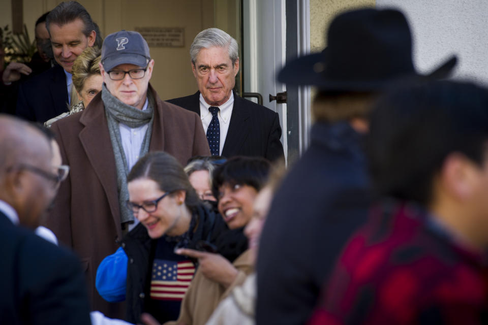 Special Counsel Robert Mueller exits St. John's Episcopal Church after attending services, across from the White House, in Washington, Sunday, March 24, 2019. Mueller closed his long and contentious Russia investigation with no new charges, ending the probe that has cast a dark shadow over Donald Trump's presidency. (AP Photo/Cliff Owen)