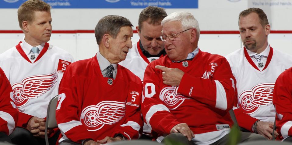 From left: Former Red Wings stars Chris Osgood, Ted Lindsay, Alex Delvecchio, Darren McCarty and Tomas Holmstrom at the retirement ceremony for Nicklas Lidstrom before the Wings game against the Colorado Avalanche on March 6, 2014.