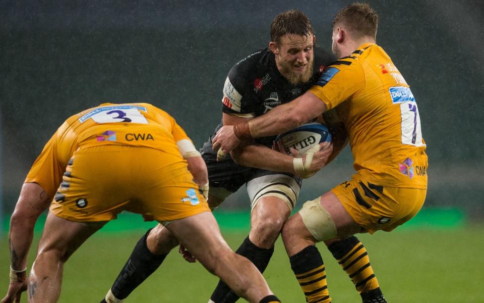 Exeter Chiefs' Jonny Hill in action during the Gallagher Premiership Rugby final match between Exeter Chiefs and Wasps at Sandy Park on October 24, 2020 in Exeter, England. - GETTY IMAGES