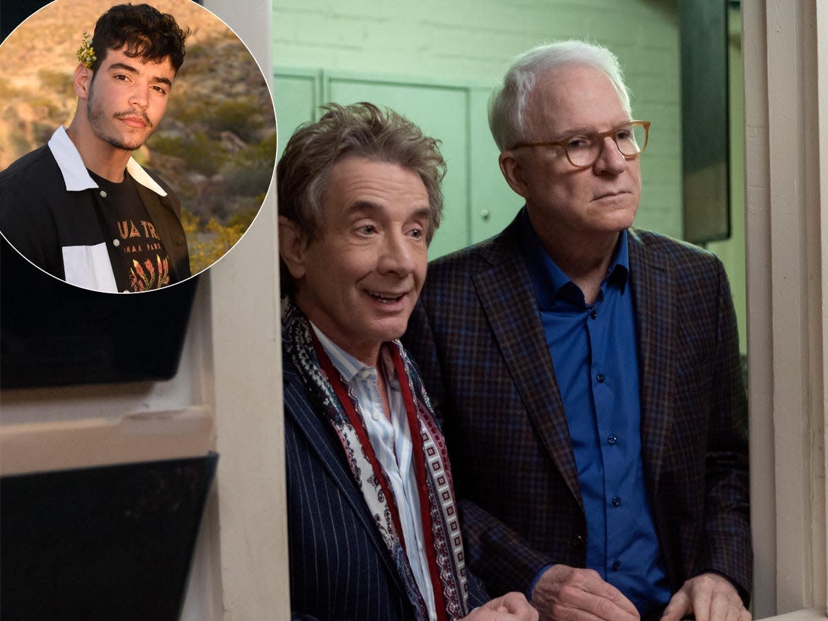 Aaron Dominguez (inset) stars on "Only Murders in the Building" with Martin Short and Steve Martin.