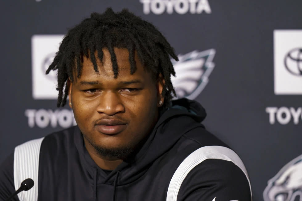 Philadelphia Eagles first round draft pick Jalen Carter, from the University of Georgia, takes questions from the media during NFL rookie football minicamp, Friday, May 5, 2023, in Philadelphia. (AP Photo/Chris Szagola)
