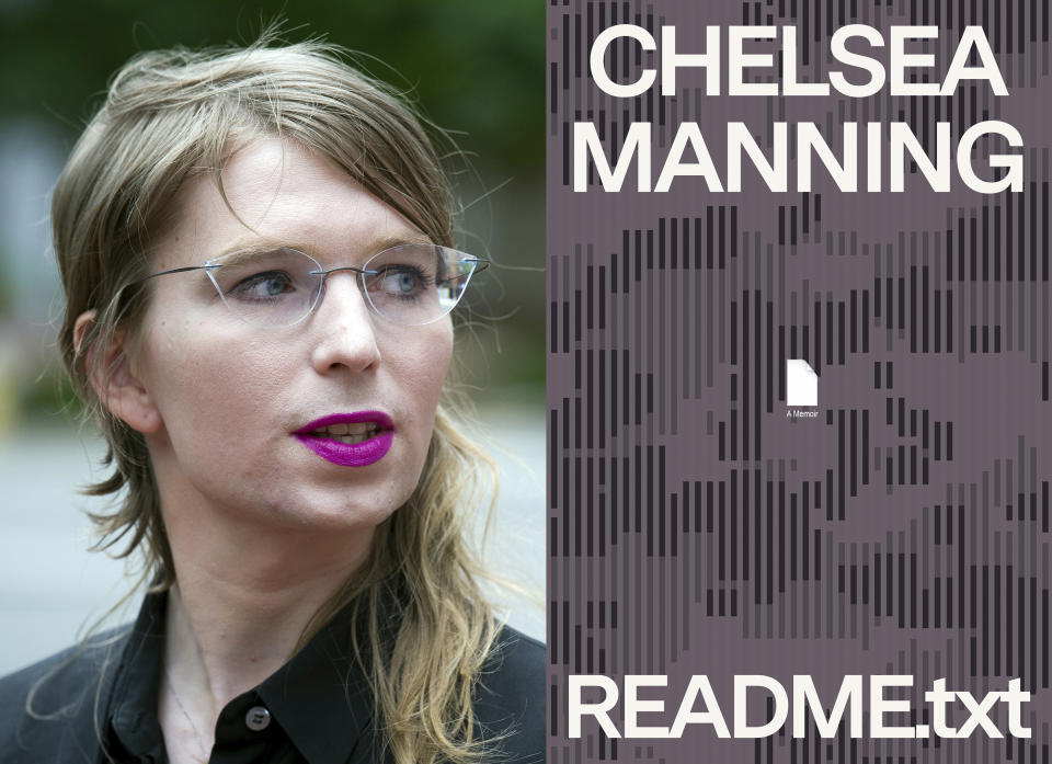 Former Army intelligence analyst Chelsea Manning appears in Alexandria, Va., on May 16, 2019, left, and cover art from Manning's book “README.txt,” releasing Oct. 18. (AP Photo, left, and Farrar, Straus and Giroux via AP)