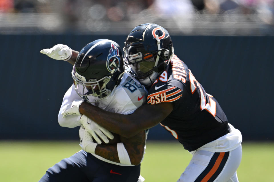 CHICAGO, ILLINOIS – AUGUST 12: Tyrique Stevenson #29 of the Chicago Bears tackles Tre’Shaun Harrison #82 of the Tennessee Titans in the second quarter during a preseason game at Soldier Field on August 12, 2023 in Chicago, Illinois. (Photo by Quinn Harris/Getty Images) ORG XMIT: 775992213 ORIG FILE ID: 1610210573