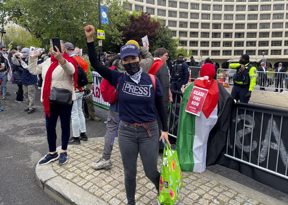 Demonstrators protest as guests arrive at the White House Correspondents' Association Dinner, Saturday, April 27, 2024, in Washington. (AP Photo/Pablo Martinez Monsivais)