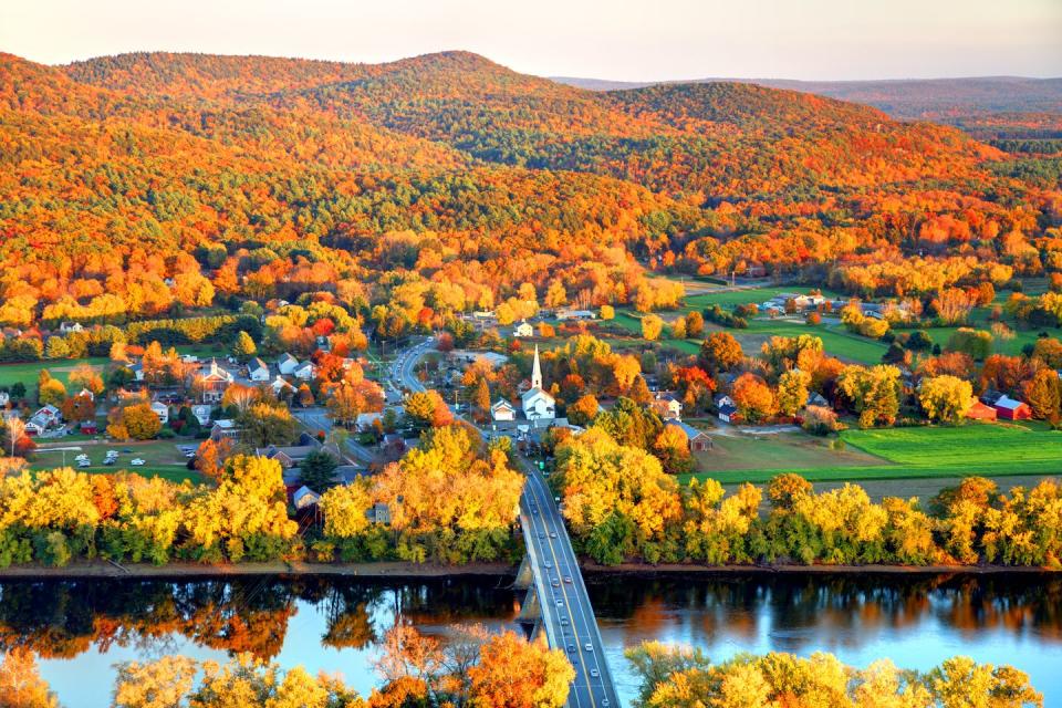 <p>A picturesque village sits alongside the Connecticut River in the Pioneer Valley of Massachusetts.</p>