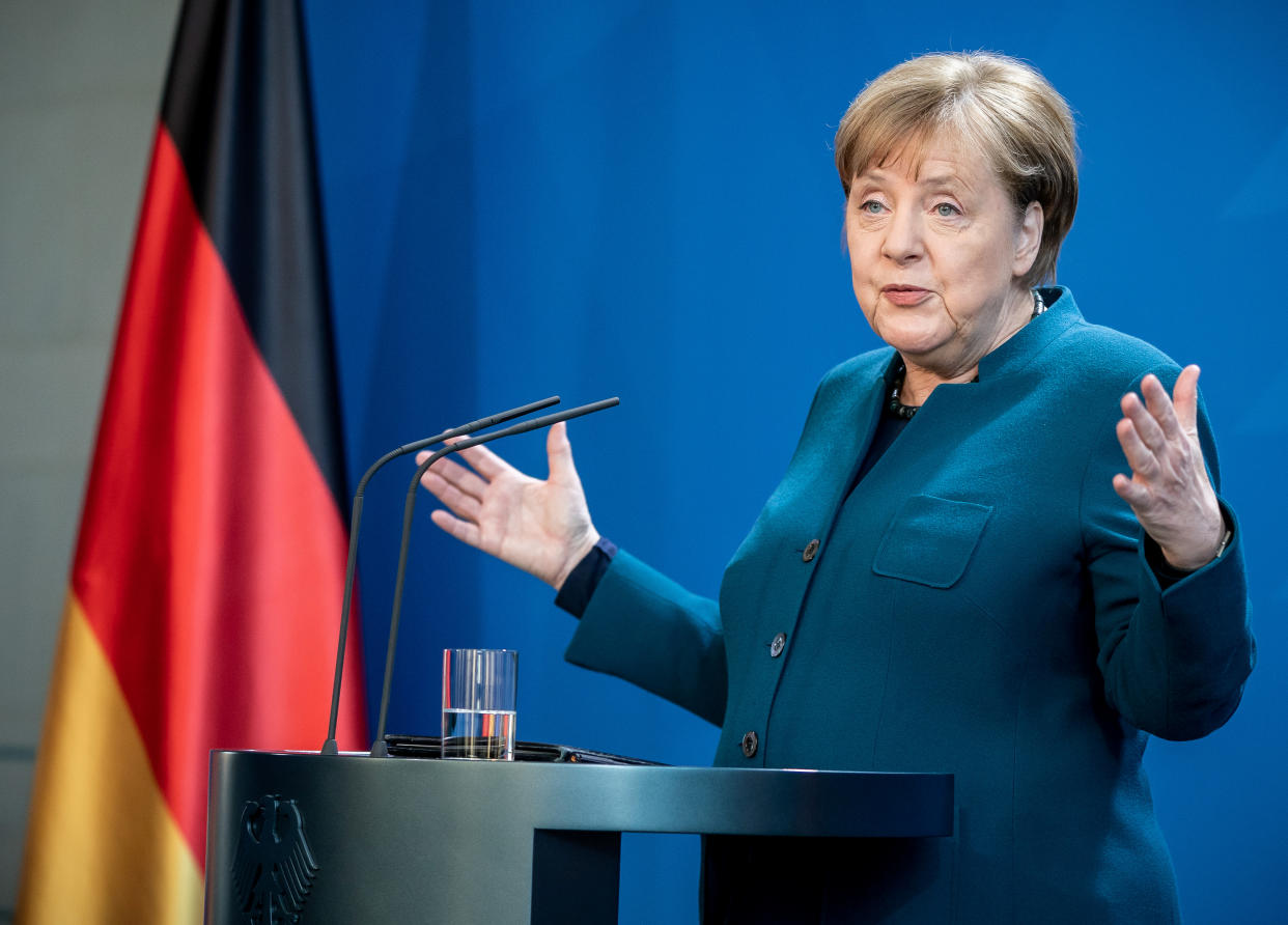 German Chancellor Angela Merkel gives a media statement on the spread of the new coronavirus disease (COVID-19) at the Chancellery in Berlin, Germany, March 22, 2020.   Michel Kappeler/Pool via REUTERS