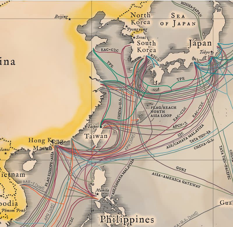 亞太地區的海底電纜。（取自Telegeography）