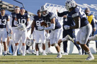 BYU linebacker Isaiah Kaufusi (53) runs with a fumble recovery against North Alabama in the second quarter during an NCAA college football game Saturday, Nov. 21, 2020, in Provo, Utah. (AP Photo/Jeff Swinger, Pool)