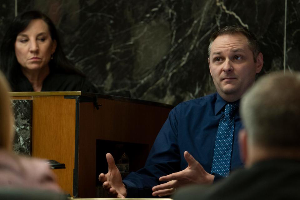 Oxford High School counselor Shawn Hopkins testifies during the trial of Jennifer Crumbley in January. He testified Monday in James Crumbley's trial.