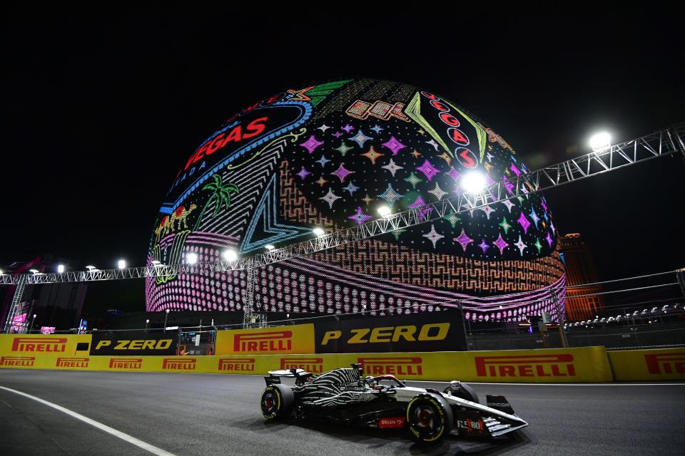 Nov 16, 2023; Las Vegas, Nevada, USA; Alpha Tauri driver Daniel Ricciardo of Australia (3) during free practice at Las Vegas Strip Circuit. Mandatory Credit: Gary A. Vasquez-USA TODAY Sports