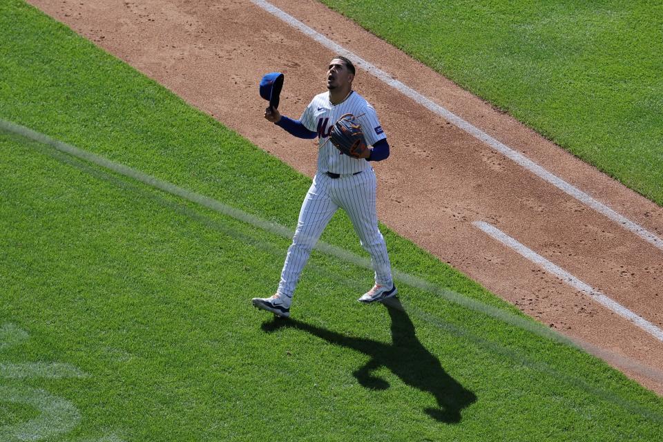 New York Mets starting pitcher Jose Butto (70) reacts after the top of the sixth inning against the Kansas City Royals on April 14, 2024, at Citi Field.