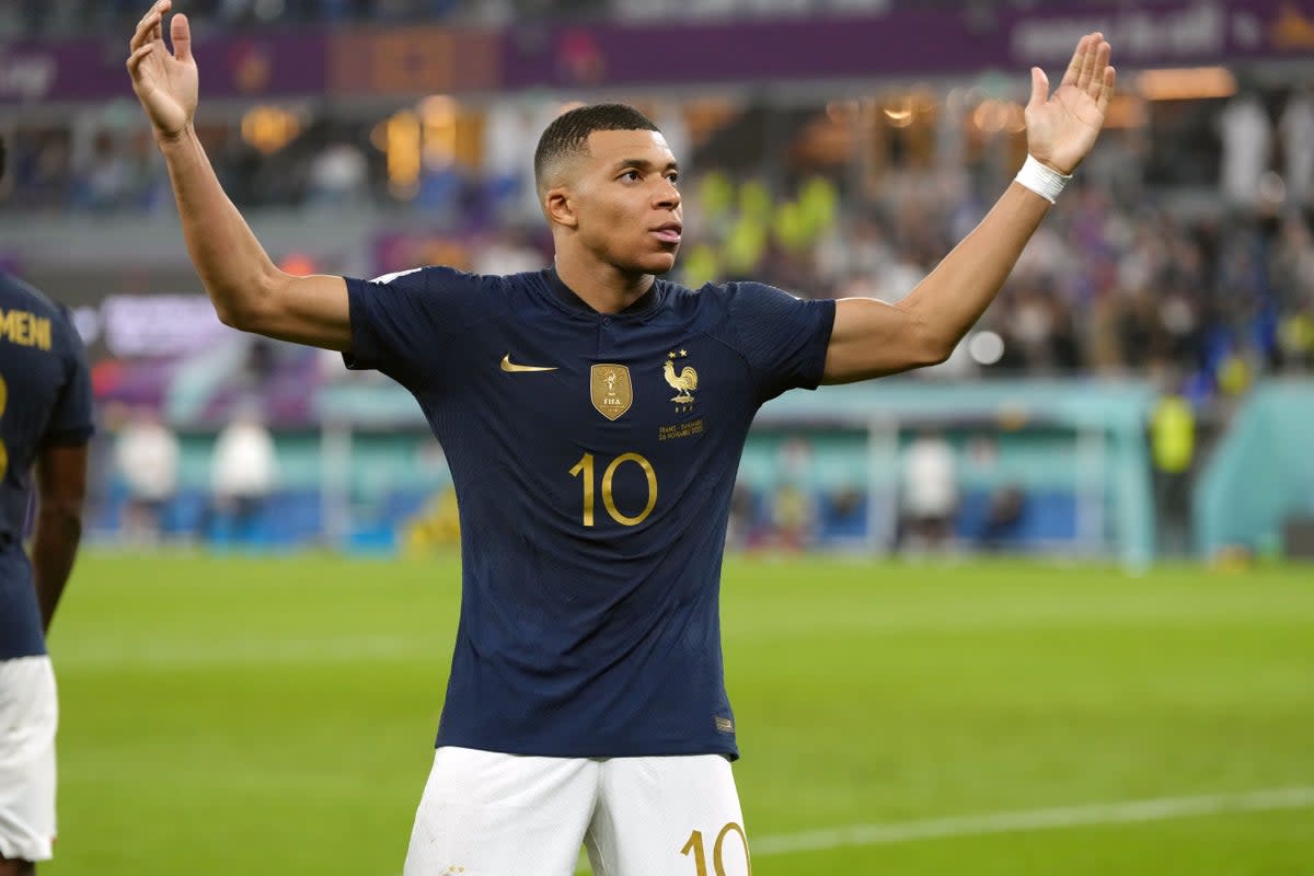 Two-goal Kylian Mbappe celebrates scoring France’s winner in the 2-1 World Cup victory over Denmark (Nick Potts/PA) (PA Wire)