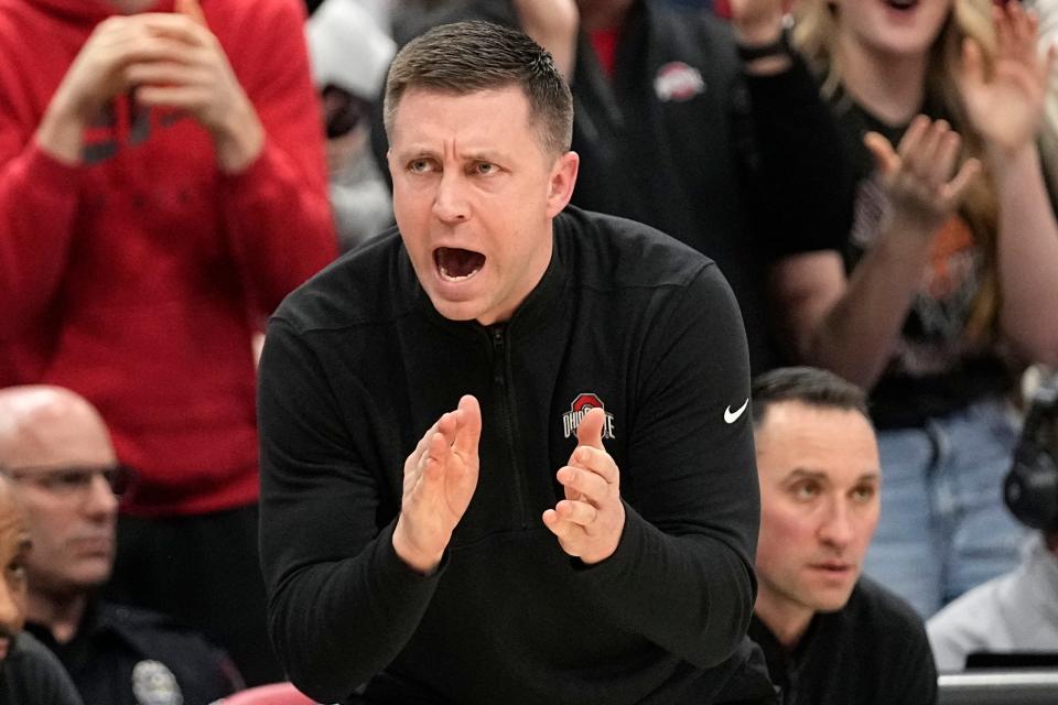 Ohio State interim head coach Jake Diebler shouts to his players in a win over Purdue on Feb. 18.