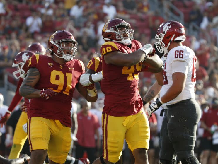 LOS ANGELES, CA - OCTOBER 8, 2022: USC Trojans defensive lineman Tuli Tuipulotu.