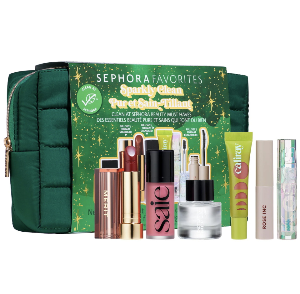 Holiday Sparkly Clean Beauty Kit sephora in green makeup bag  (photo via Sephora)