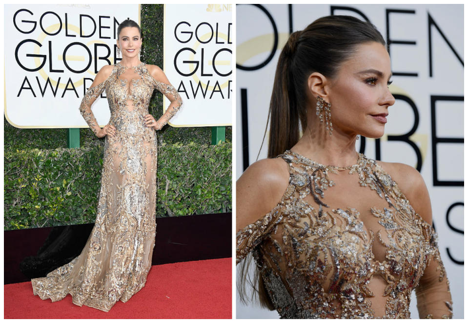 <p><b>Grade: A</b><br>Sofia Vergara goes shimmery high glam in this stunning gown. </p>