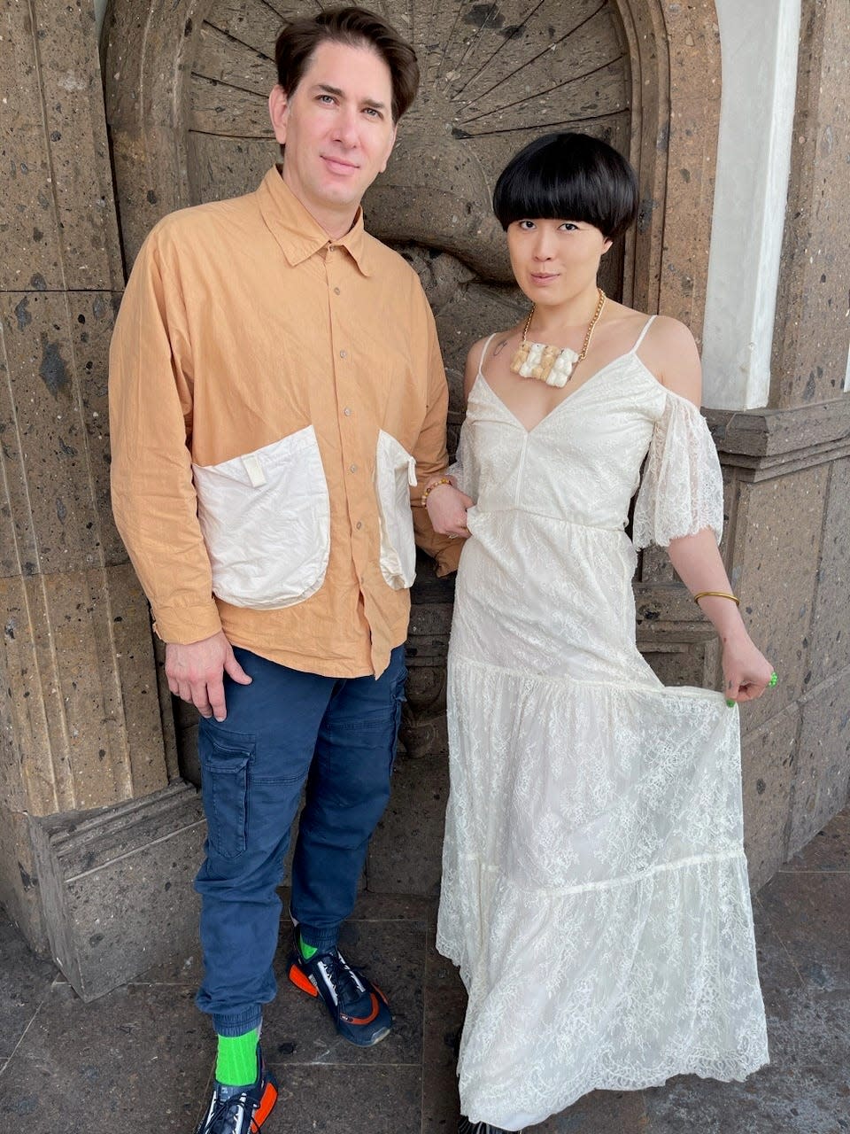 Atsuko Okatsuka and her husband Ryan on their second wedding day.