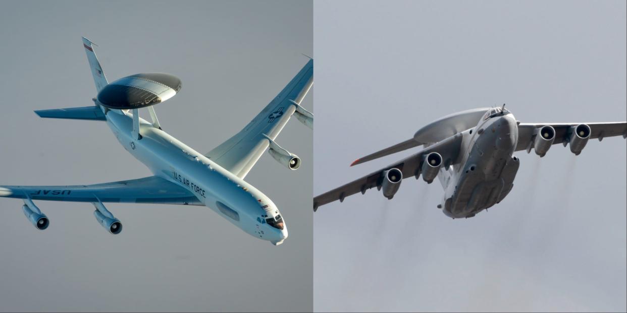 A US E-3 Sentry, at left, and a Russian A-50 are early warning aircraft that play critical roles in military operations.