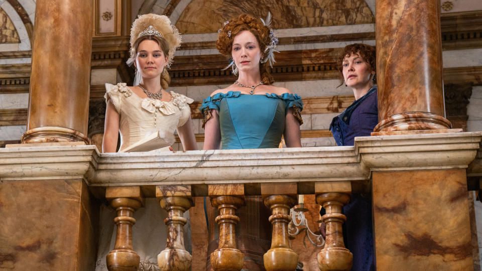 Imogen Waterhouse, Christina Hendricks and Simone Kirby in The Buccaneers